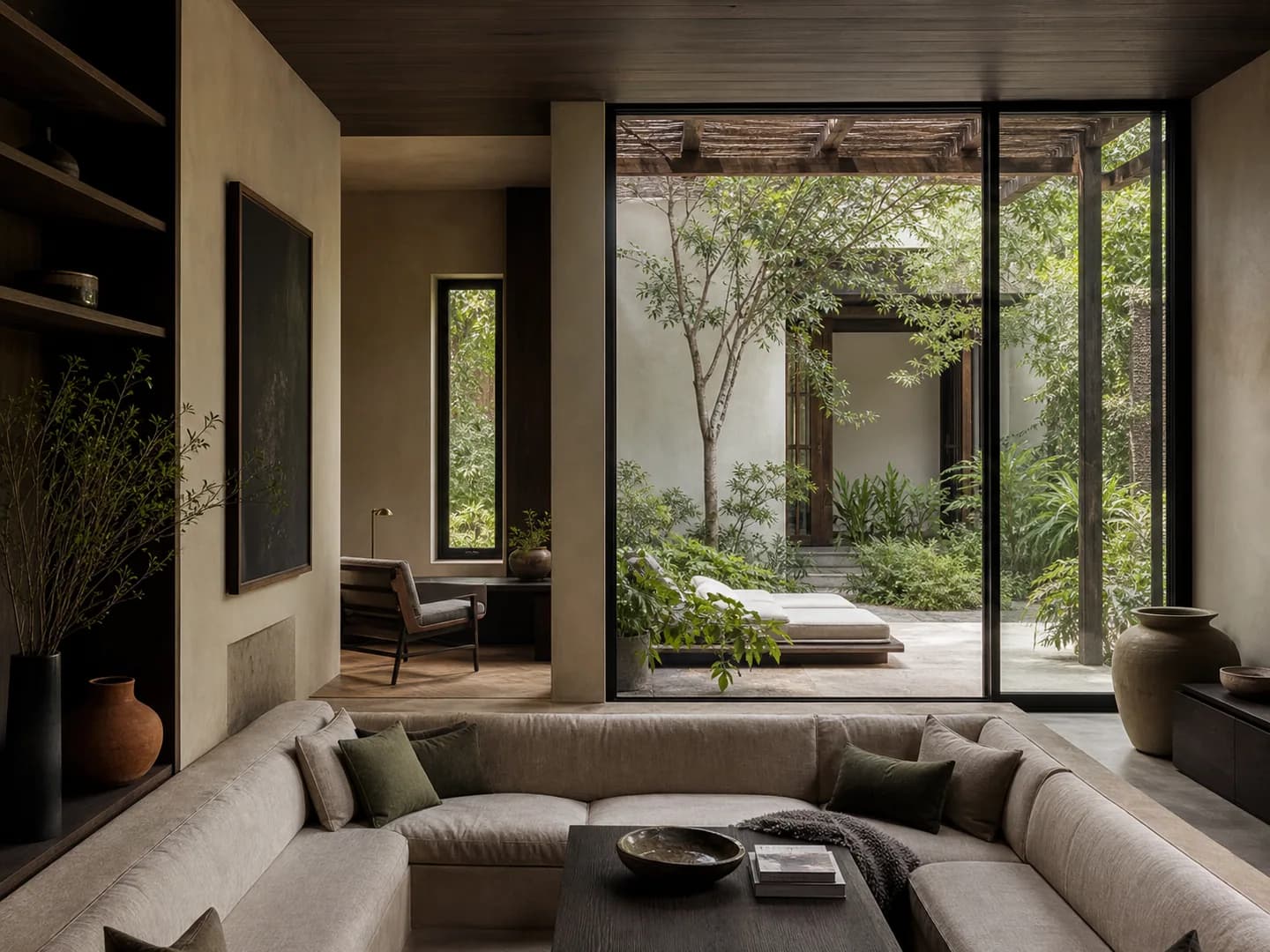 Sala de uma vila-jardim fictícia aberta para um pátio verde