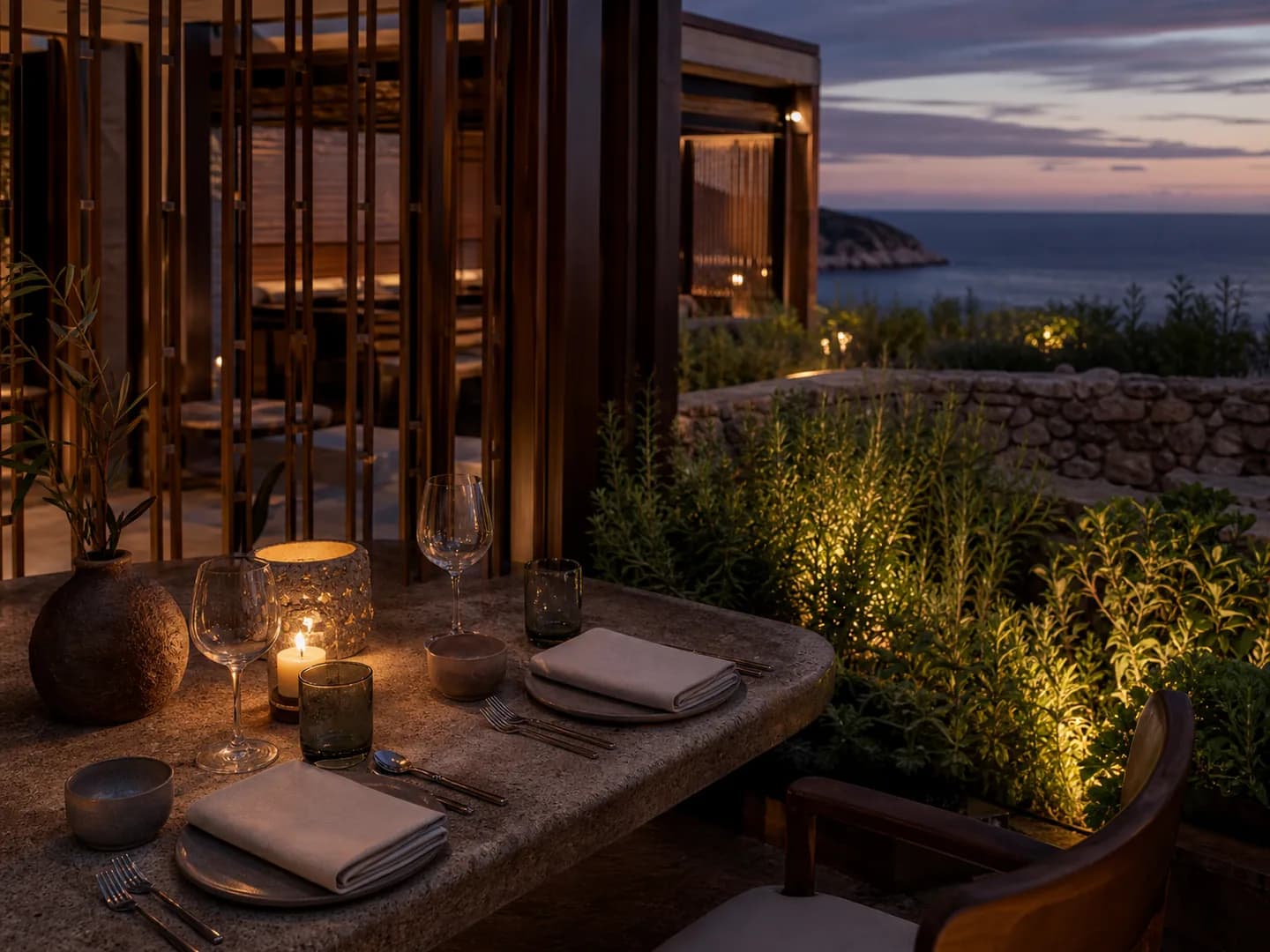 Terraço fictício para refeições à beira-mar ao entardecer