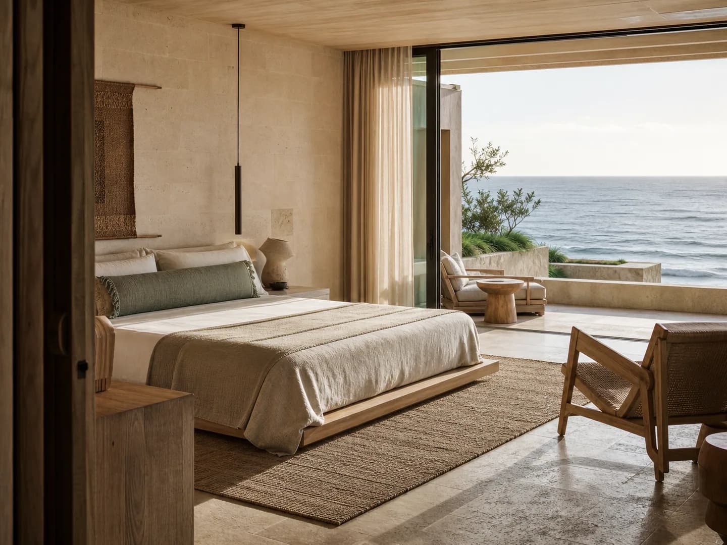 Suíte oceânica fictícia da Aurelia House com cama de linho e terraço aberto para o mar